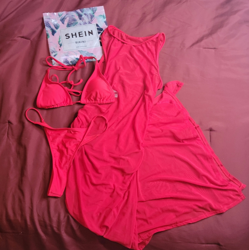 SHEIN 3 piece thong swimsuit and cover up set